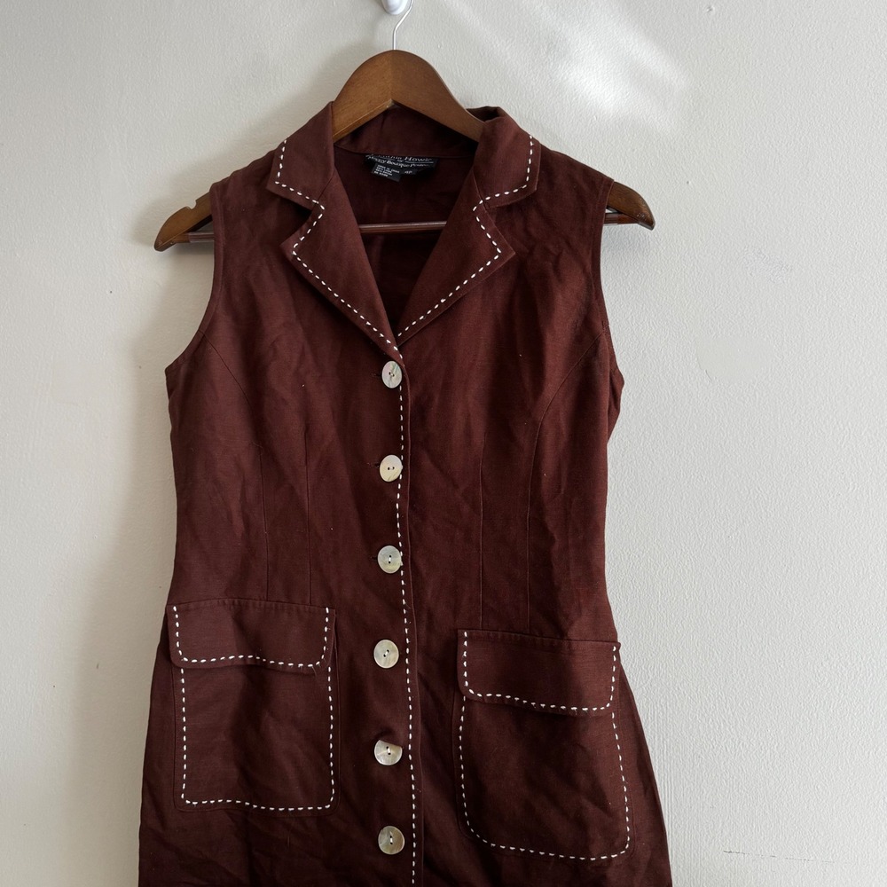 Cynthia Howie for Maggy Boutique 4P Brown Linen Sleeveless Button Down Dress